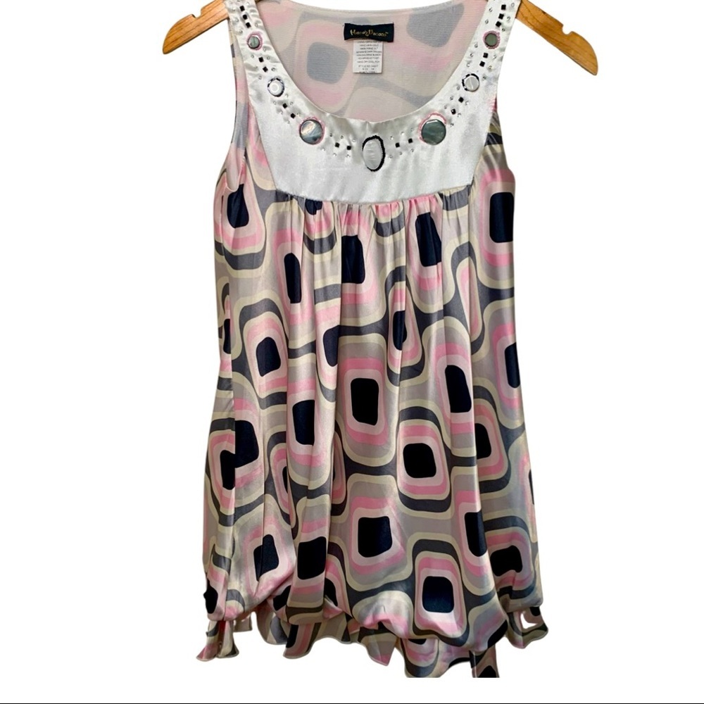 HANNAH BANANA Embellished Retro Print Dress Mod 70’s Bubble Hem Sleeveless 14 - Picture 7 of 14